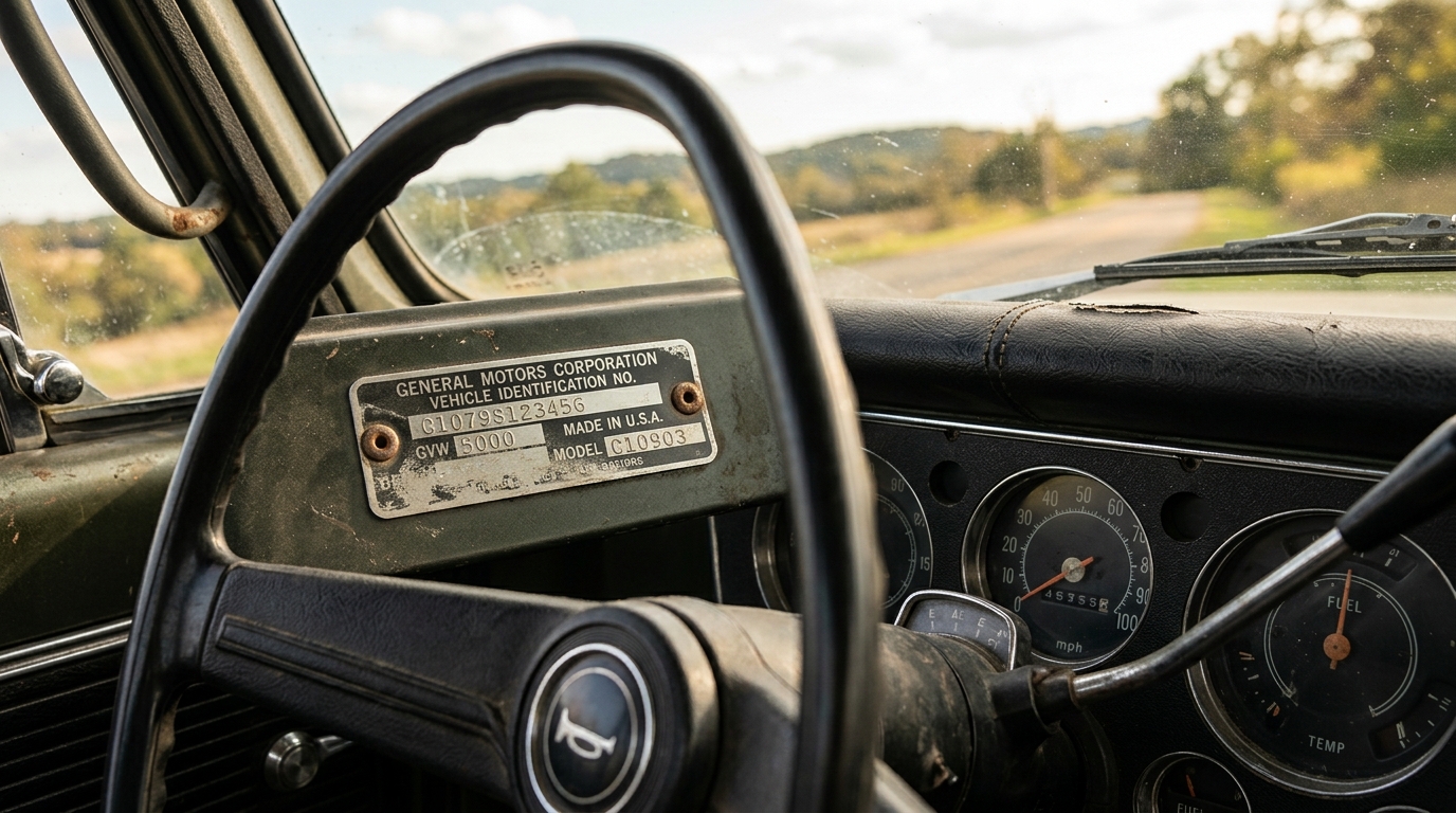 Classic American pickup truck dashboard with VIN data plate riveted to dash, showing pre-1981 non-standardized VIN format visible through windshield