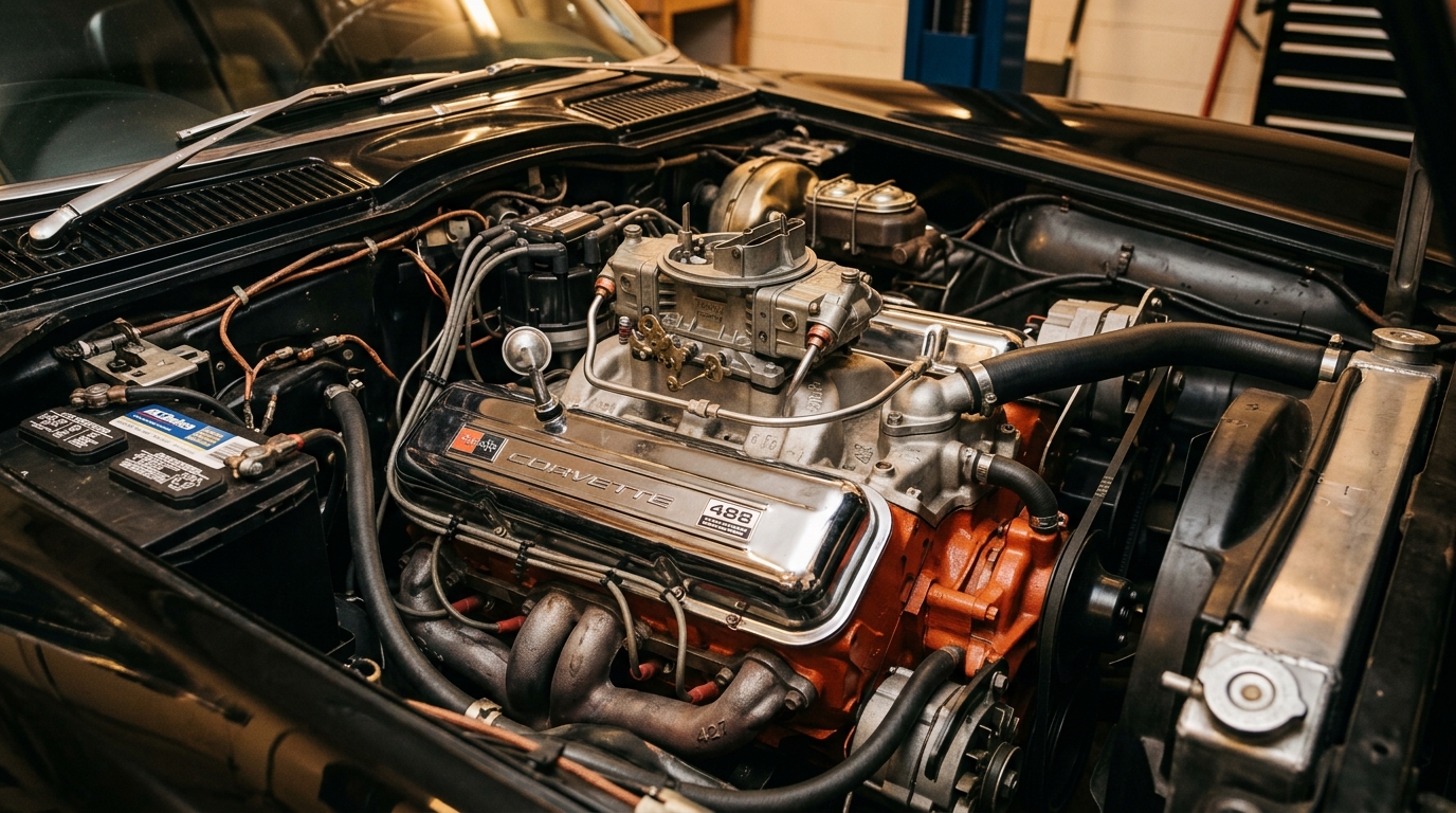 1967 Corvette 427 L88 engine bay with aluminum heads and Holley carburetor, showing 430hp rated (actual ~560hp) from rarest Corvette engine