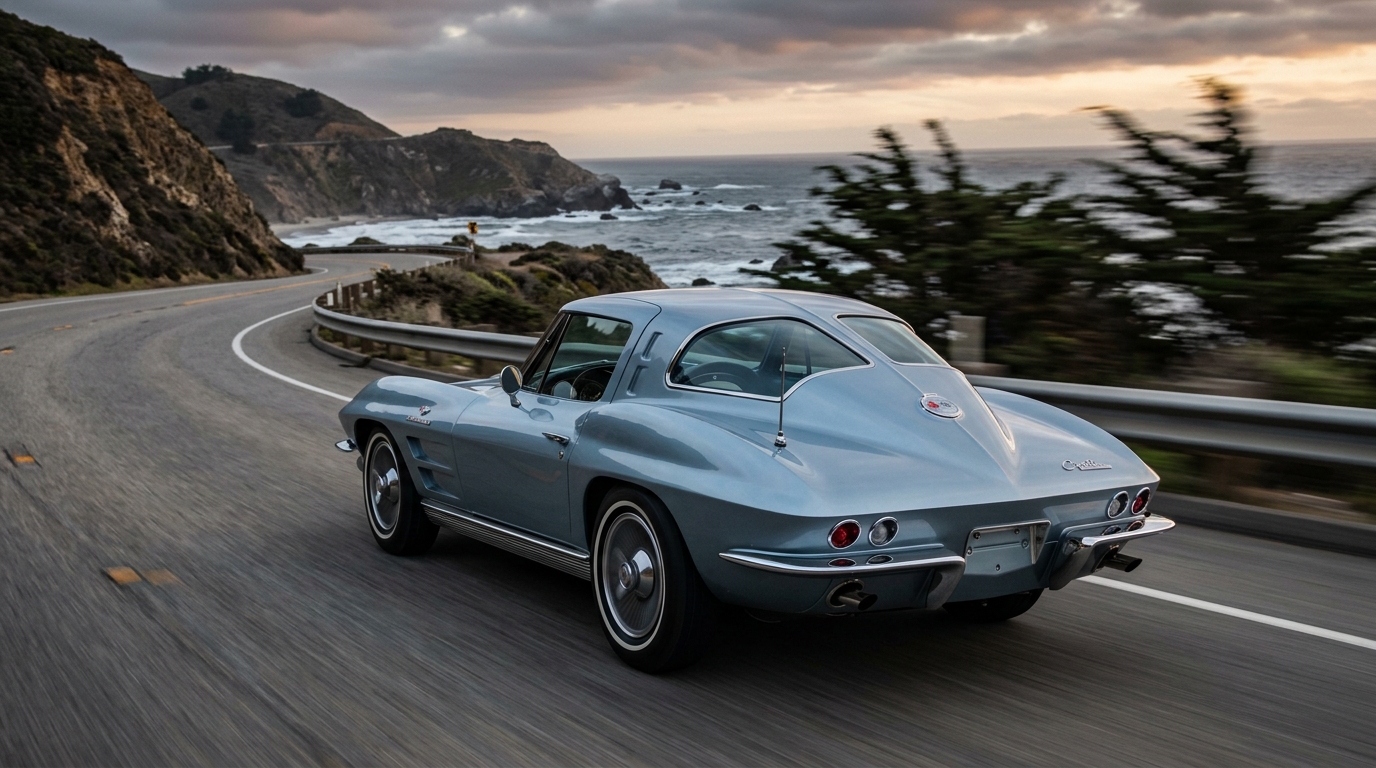 1963 Chevrolet Corvette Sting Ray split-window coupe in Silver Blue, three-quarter view showing iconic split rear window and hidden headlights