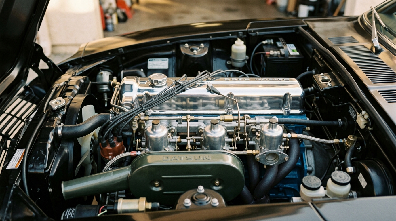 Datsun 240Z L24 2.4L inline-six engine bay with SU carburetors and chrome valve cover, showing 151hp from iconic Japanese classic sports car