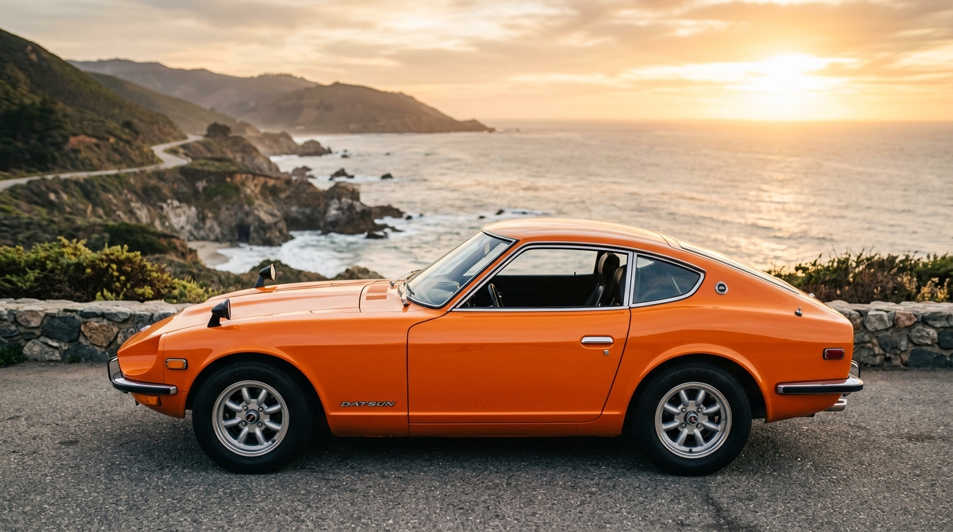 1972 Datsun 240Z in bright orange, side profile showing long hood and fastback design, iconic Japanese classic sports car with pure styling