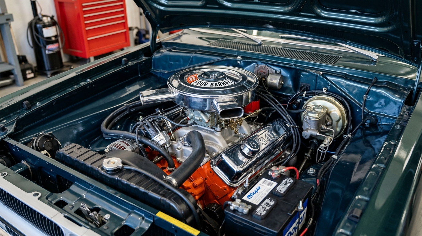 1971 Dodge Demon 340ci LA V8 small-block engine bay with 4-barrel carburetor and chrome air cleaner in detailed engine compartment