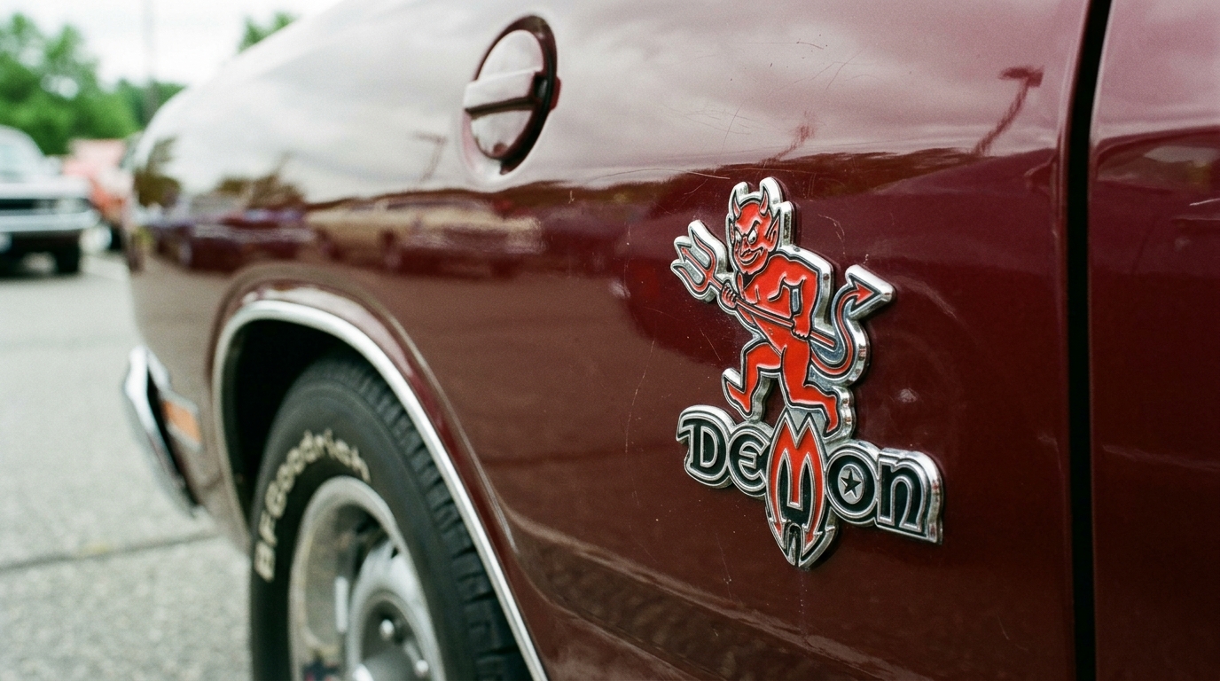 1971 Dodge Demon devil mascot fender badge close-up showing distinctive devil logo on quarter panel of classic Dodge Demon muscle car