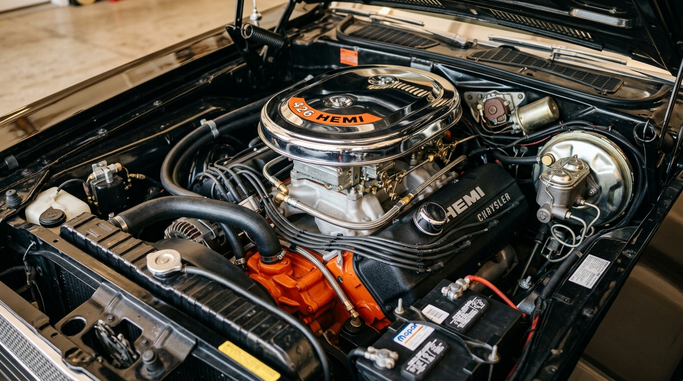 Dodge Challenger R/T 426 Hemi V8 engine bay with dual quad carburetors and chrome air cleaner, showing 425hp from legendary Mopar elephant engine