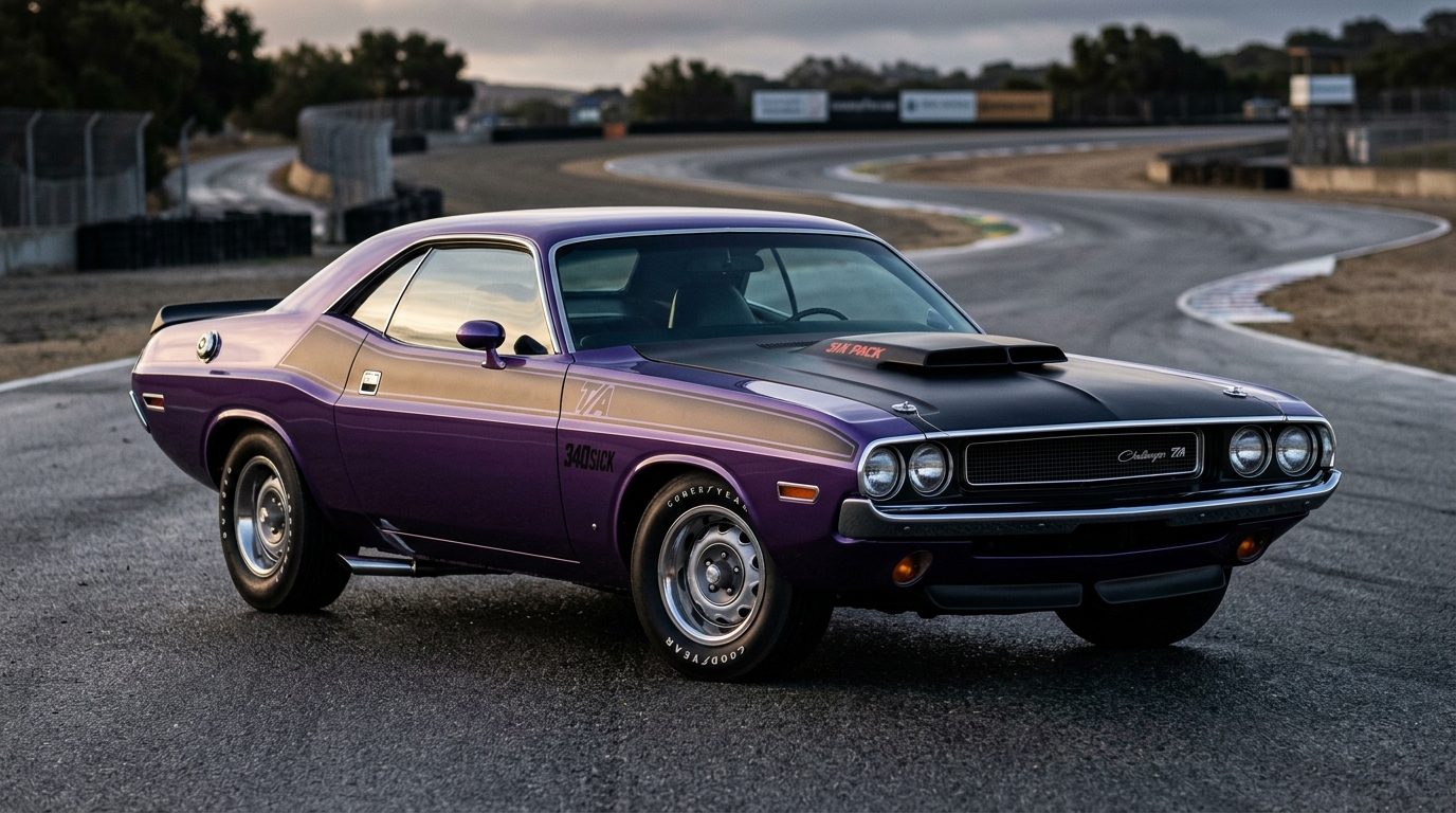 1970 Dodge Challenger T/A in Plum Crazy purple, three-quarter view showing Trans-Am racing stance with front spoiler and rear wing, 340 Six Pack