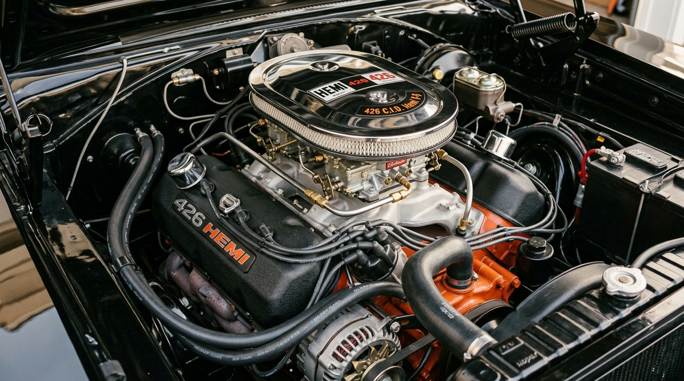 Dodge Charger R/T 426 Hemi V8 engine bay with dual quad carburetors, showing 425hp from legendary Mopar elephant engine in B-body muscle car