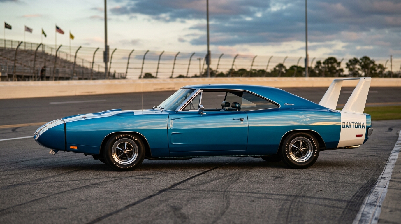 1969 Dodge Charger Daytona in blue with massive rear wing and pointed nose cone, side profile showing NASCAR aerodynamic wing car design
