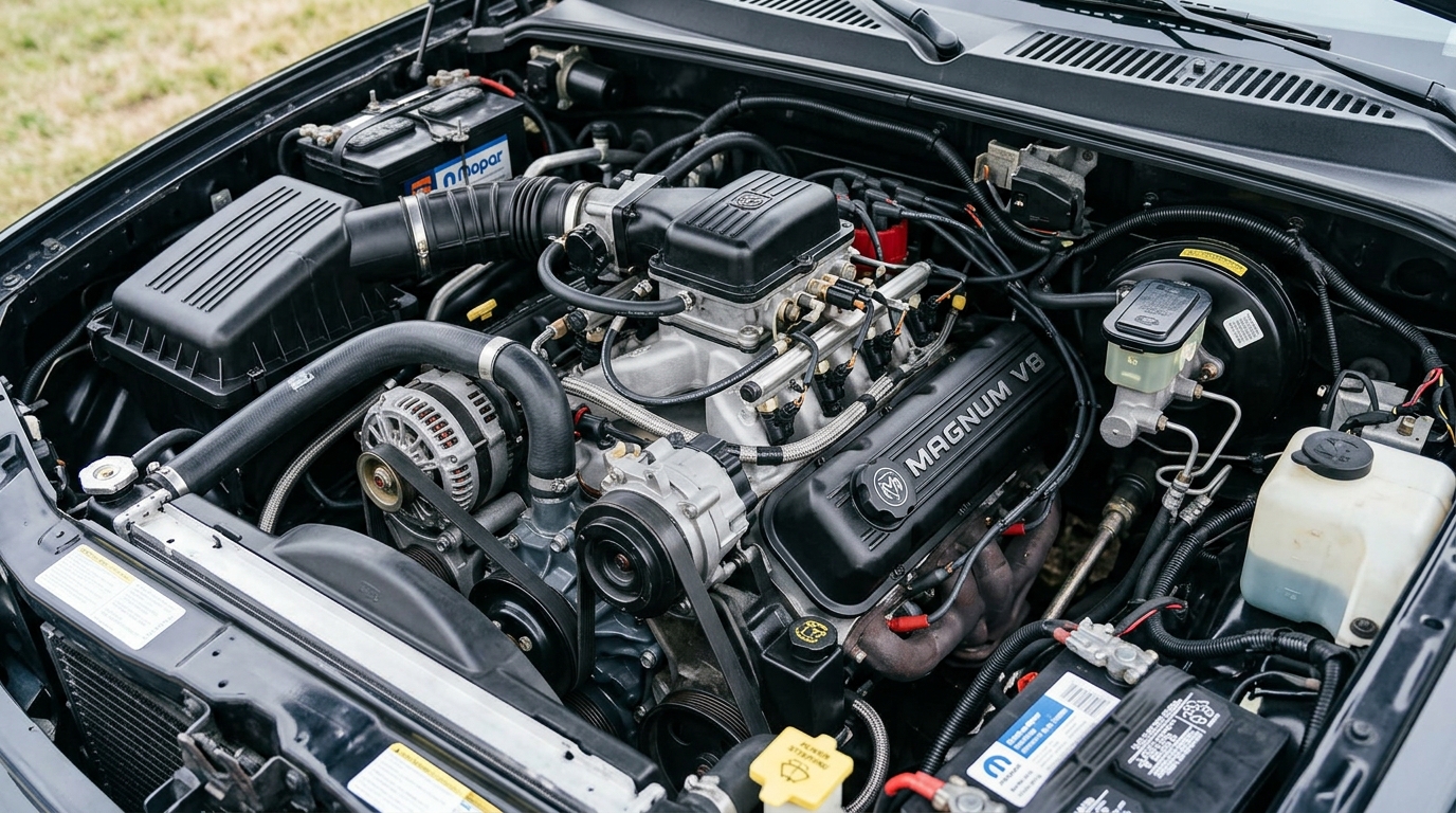 Dodge 5.2L Magnum V8 engine in Dakota engine bay showing the Chrysler 318 small-block design that makes it the most collectible Dakota engine