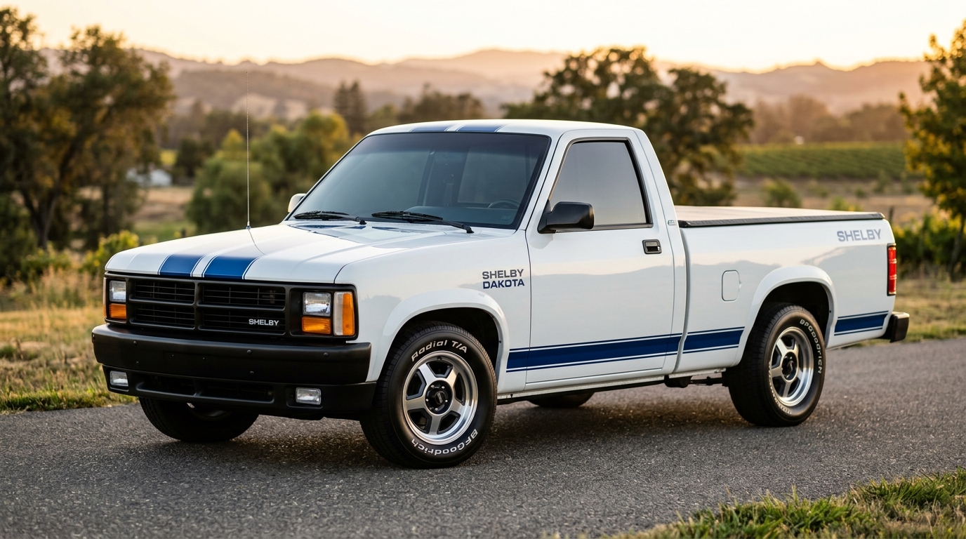 1989 Shelby Dakota in white with blue stripes showing the rarest Dakota with only 1,500 built and 175hp 3.9L V6