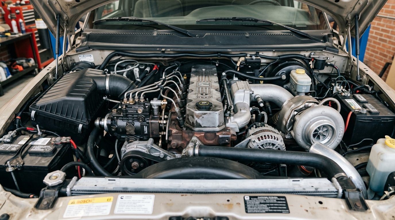 1997 Dodge Ram 12-valve Cummins 5.9L diesel engine bay with Bosch P7100 P-pump and mechanical injection system in detailed compartment