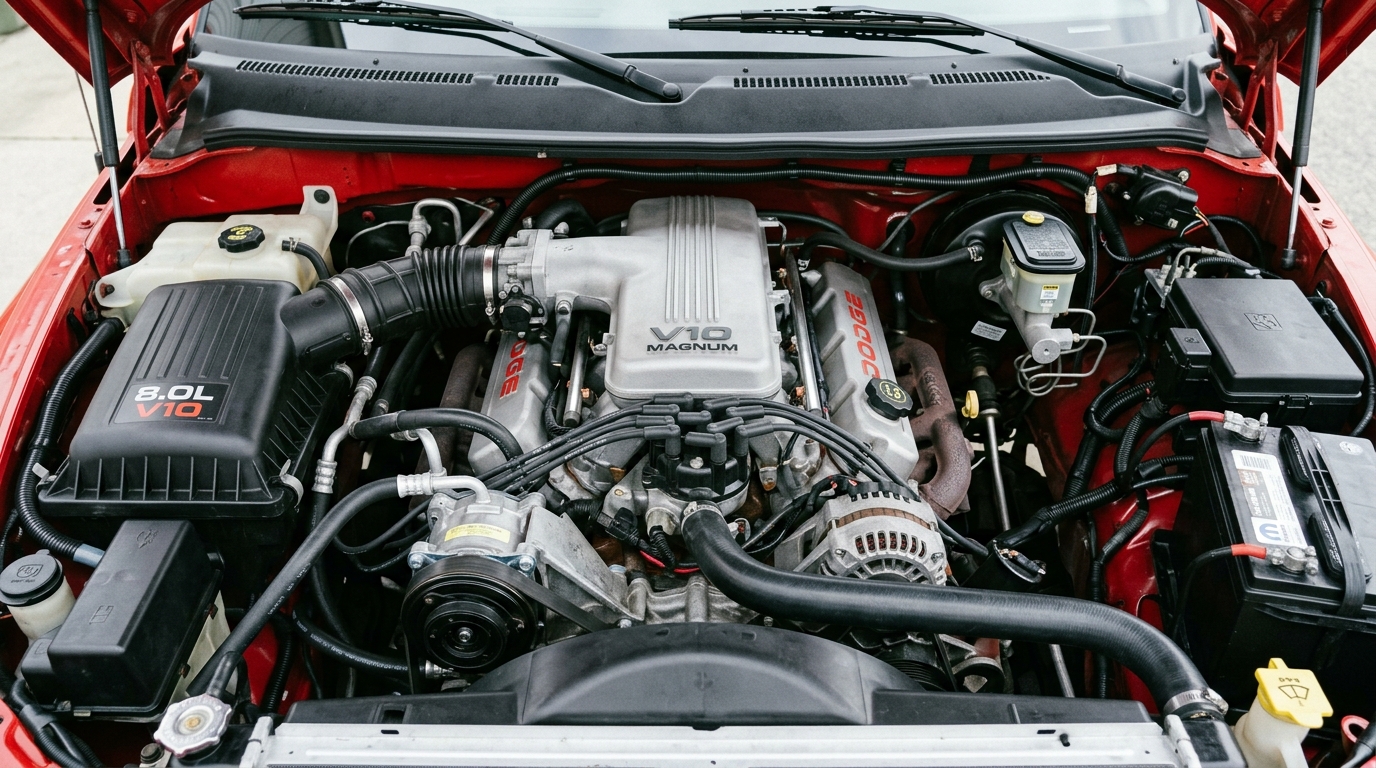 1996 Dodge Ram 8.0L V10 Magnum engine bay showing cast iron V10 block with intake manifold in detailed engine compartment, Viper-derived truck engine