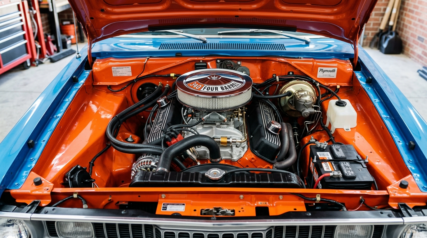 1971 Plymouth Duster 340ci LA V8 small-block engine bay with 4-barrel carburetor, chrome air cleaner, and high-flow heads in detailed compartment