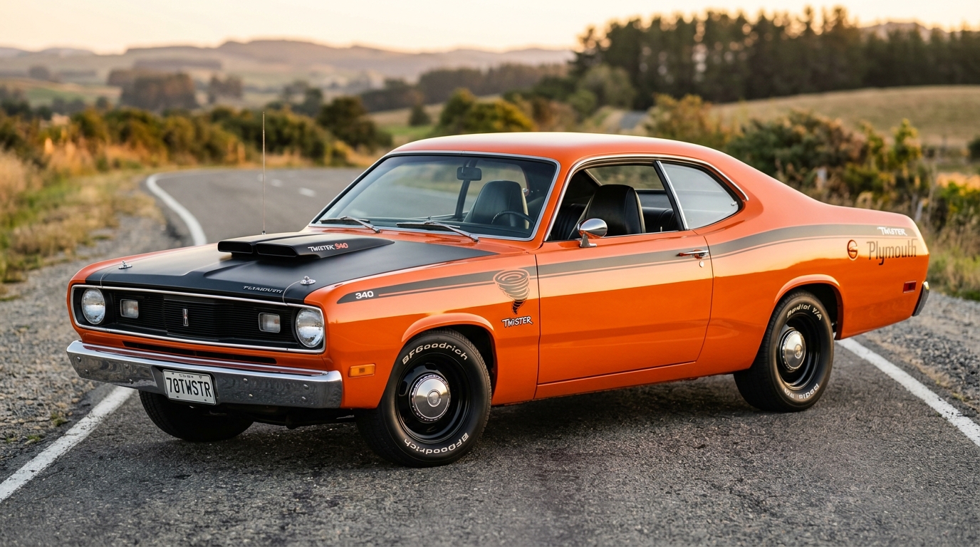 1970 Plymouth Duster Twister in bright orange with distinctive side stripes and matte black hood, three-quarter side view showing rare Twister package
