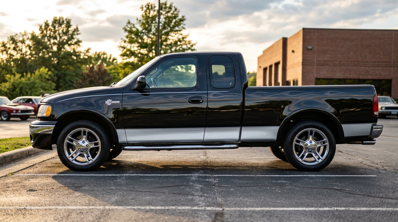 2001 Ford F-150 Harley-Davidson edition in black and silver two-tone with flame graphics, 20-inch wheels, and Harley-Davidson badging, side profile