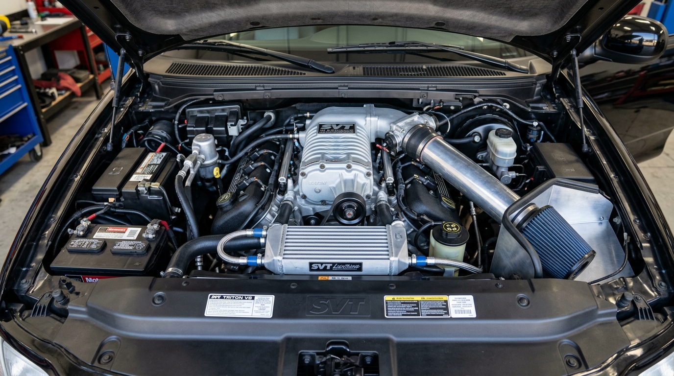 2002 Ford F-150 SVT Lightning supercharged 5.4L 4V Triton V8 engine bay with Eaton supercharger and intercooler in detailed performance engine compartment