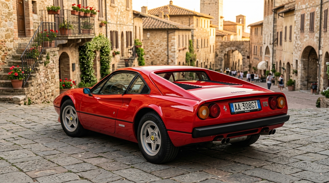 Red Ferrari 308 GTB Vetroresina in three-quarter rear view showing the flying buttress rear pillars, five-spoke alloy wheels, and fiberglass body details on cobblestones in an Italian village setting