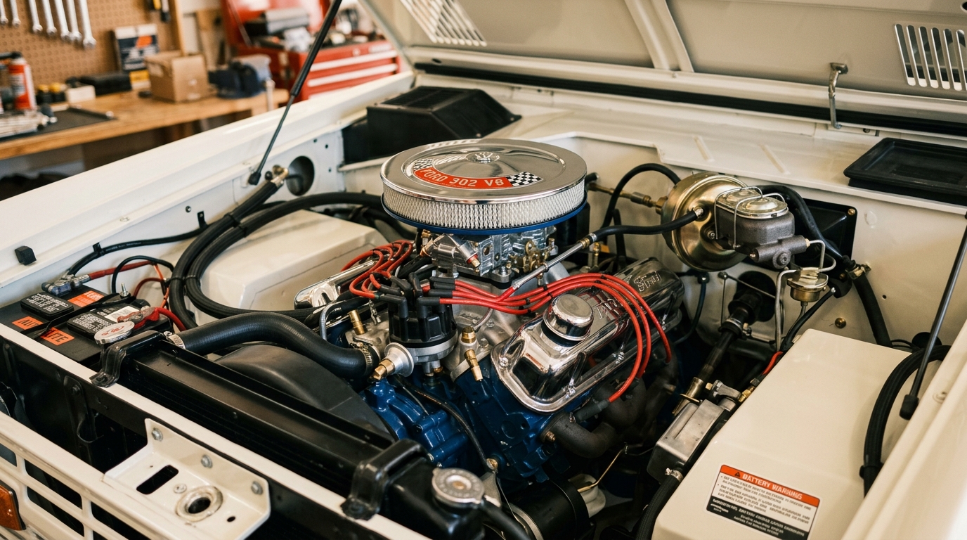 Early Ford Bronco 302ci V8 engine bay with chrome air cleaner, showing 205hp from most desirable engine option in classic compact SUV