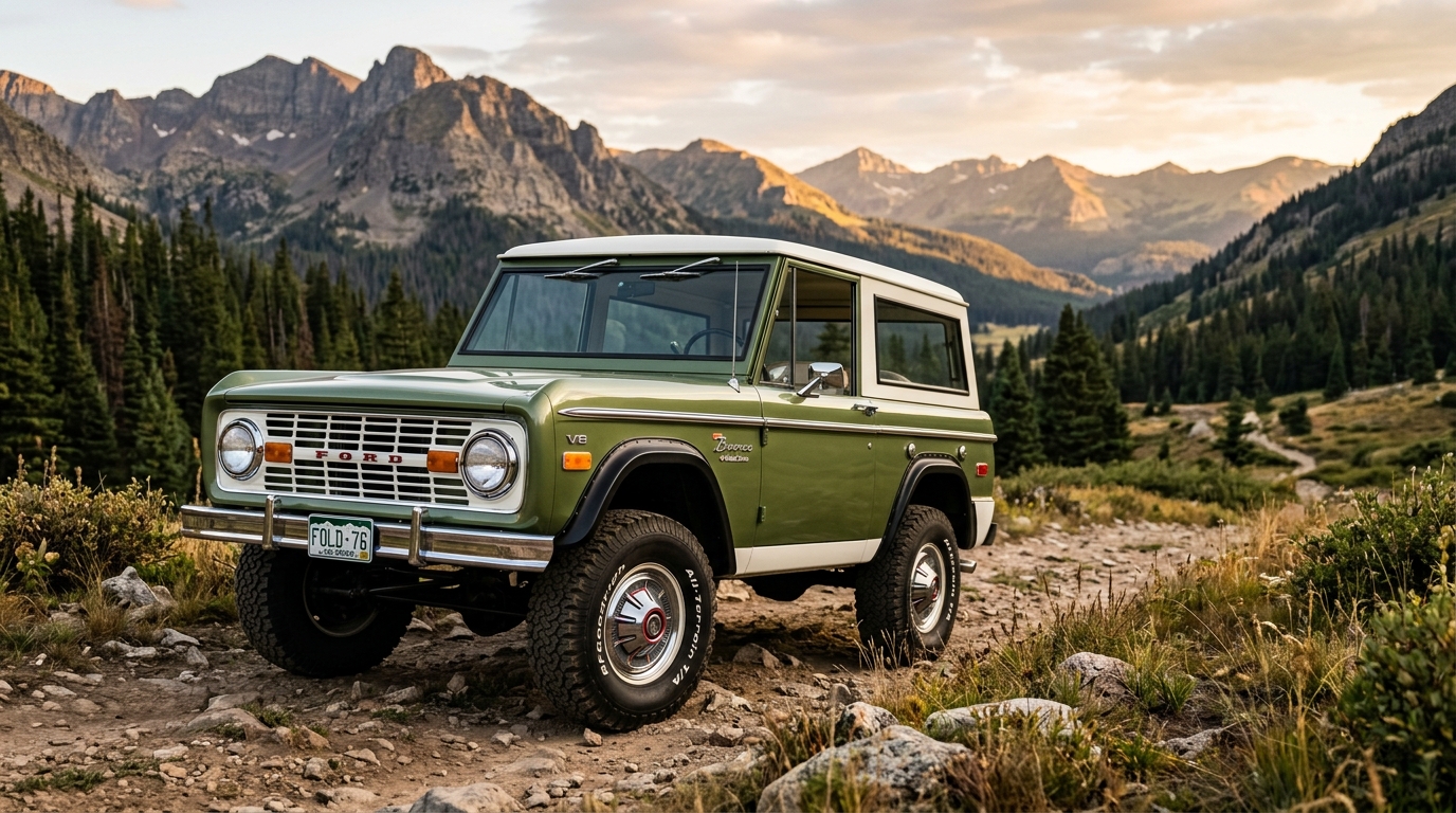1976 Ford Bronco in green and white two-tone with removable top, three-quarter view in mountain off-road setting, classic compact SUV design
