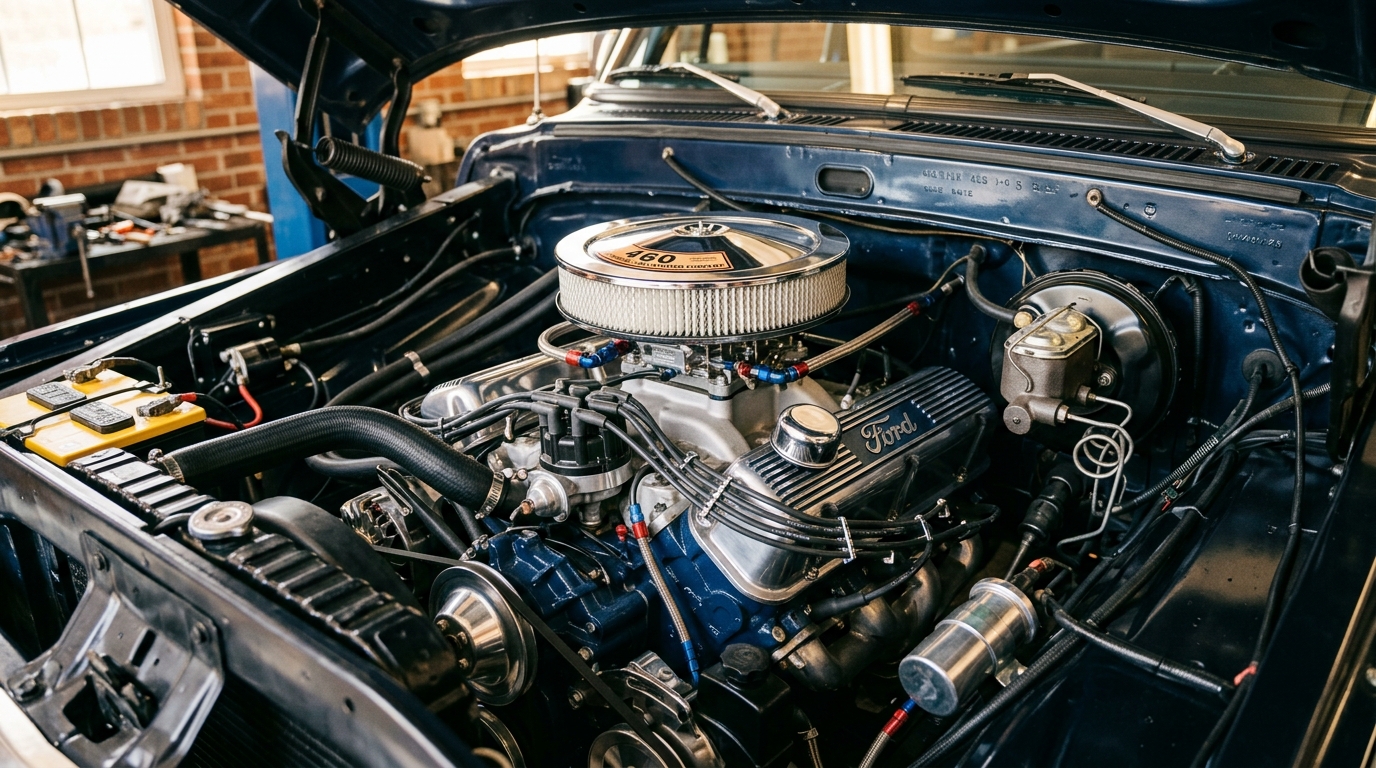 1978 Ford F-100 Dentside 460ci V8 big-block engine bay with chrome air cleaner, showing 400hp from most powerful engine in classic Ford pickup truck