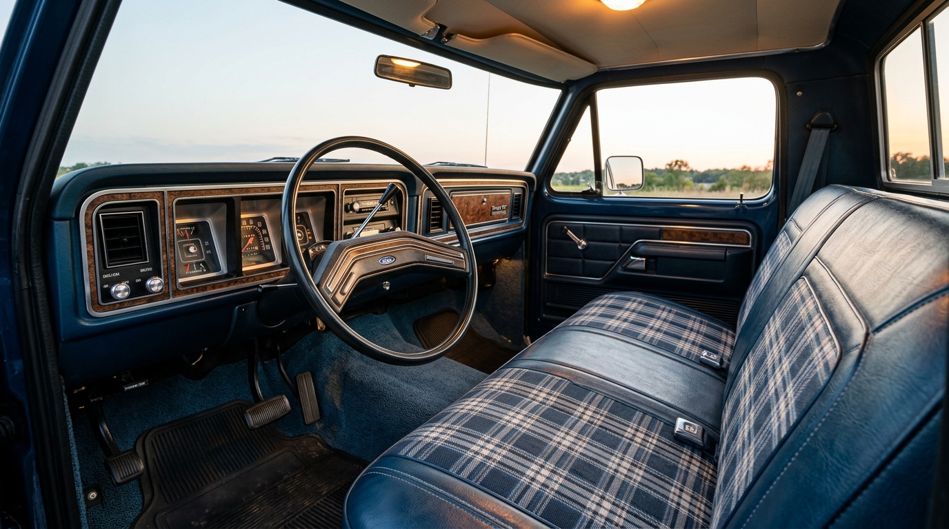 1978 Ford F-100 Ranger XLT interior with woodgrain dashboard, full instrumentation, bench seat, and chrome accents in restored classic Ford truck cabin