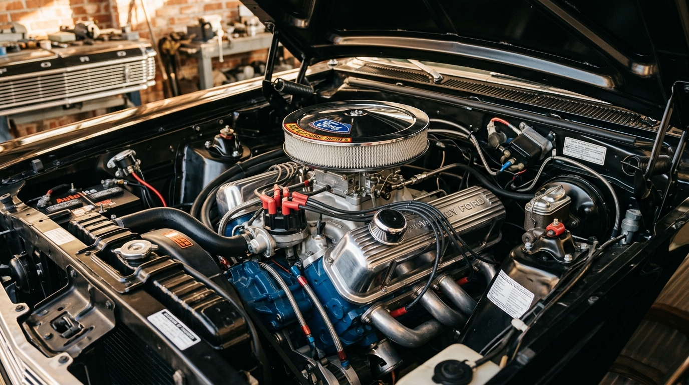 Ford Galaxie 500 427ci FE big-block V8 engine bay with chrome air cleaner, showing 425hp output from NASCAR-era Ford full-size muscle car