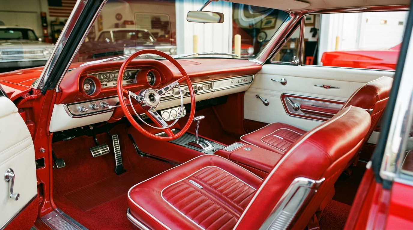 Ford Galaxie 500XL interior with red and white bucket seats, center console, full instrumentation, and chrome accents in restored cabin
