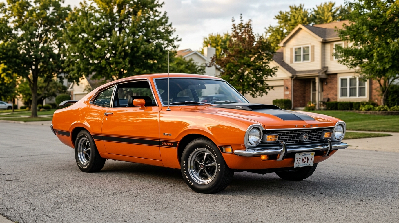 Ford Maverick Grabber with 302 V8 engine in affordable classic car condition showing sport hood and Grabber trim package