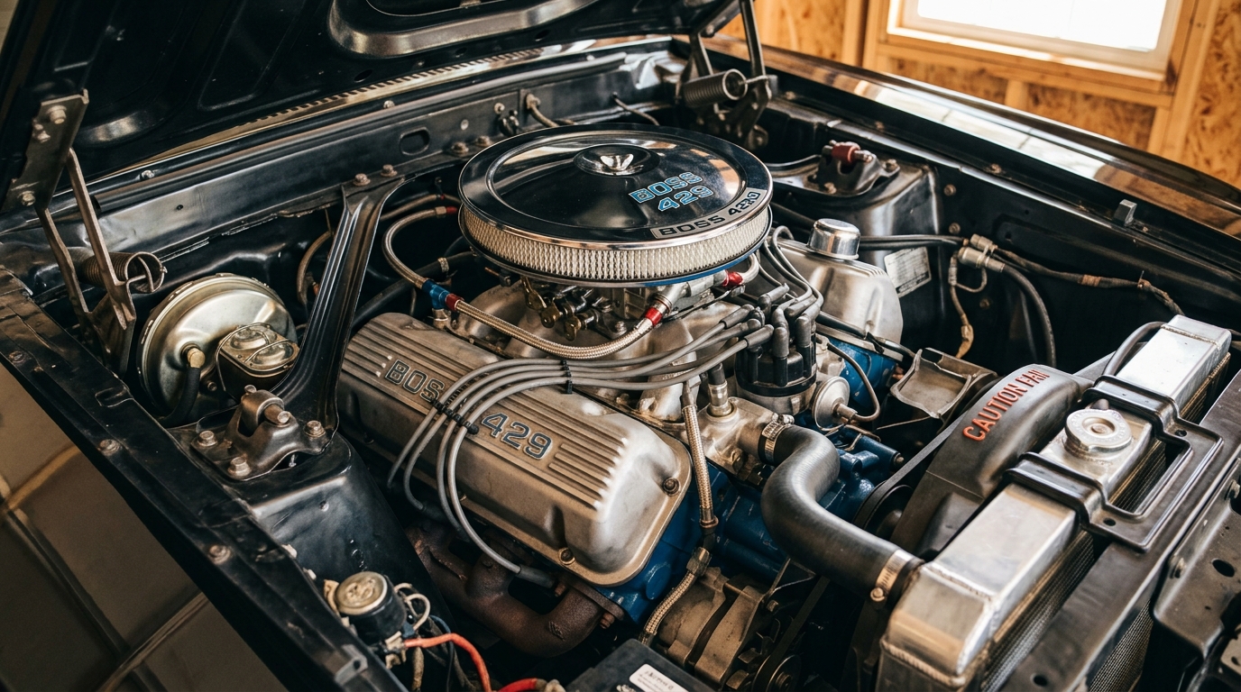 1969 Ford Mustang Boss 429 semi-hemi V8 engine bay with chrome air cleaner, showing 375hp from rarest Mustang with only 859 built