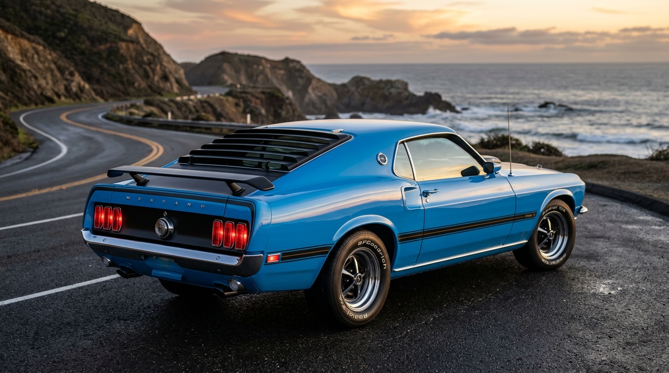 1969 Ford Mustang Mach 1 in Grabber Blue with black stripes, rear three-quarter view showing fastback SportsRoof and rear spoiler design