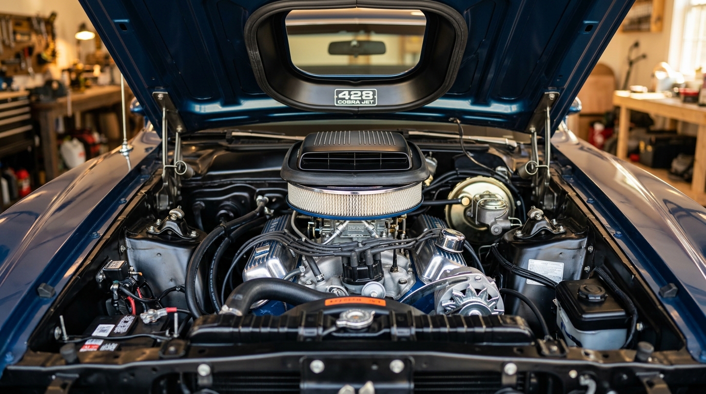 Ford Ranchero GT 428ci Cobra Jet V8 engine bay with ram-air induction and chrome air cleaner, showing 335hp from car-based pickup muscle truck