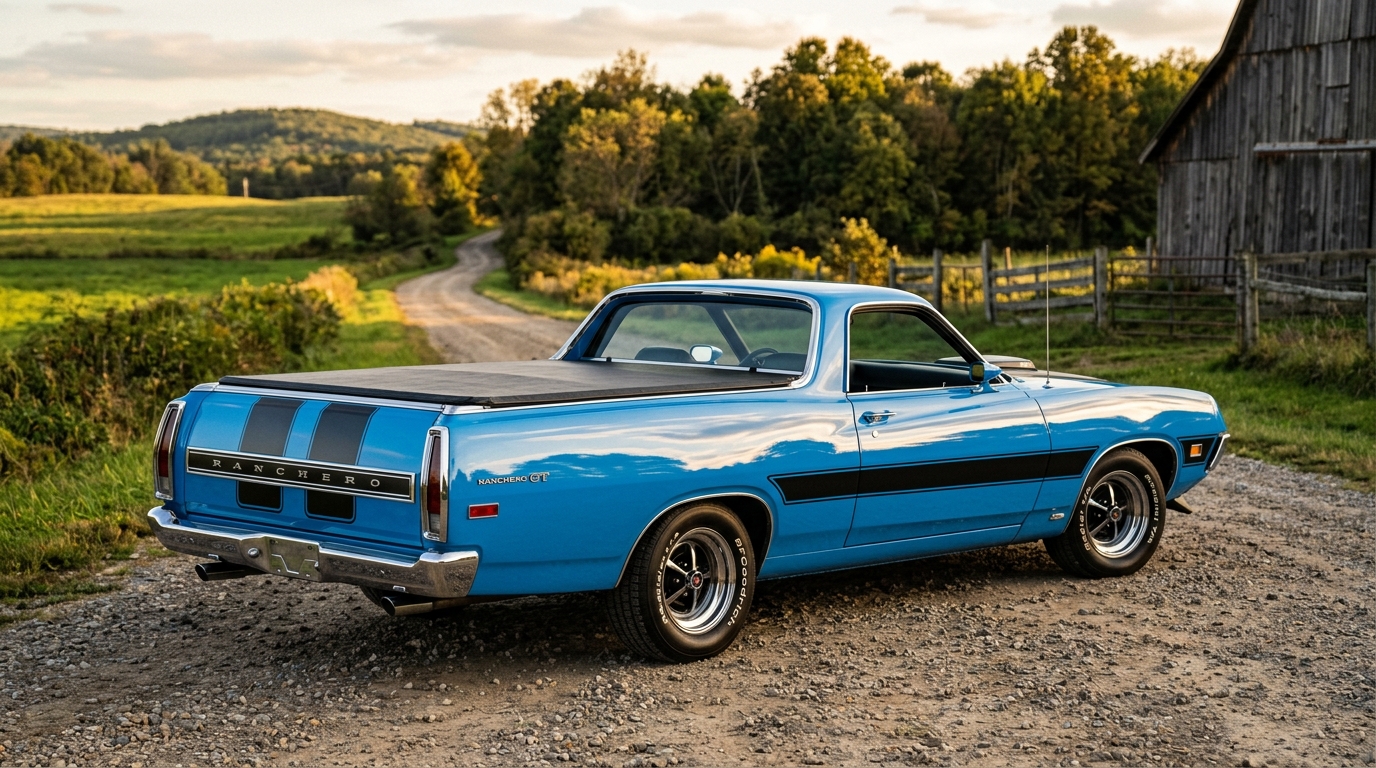 Ford Ranchero GT three-quarter rear view showing car-based pickup truck bed with muscle car styling, unique coupe utility vehicle design