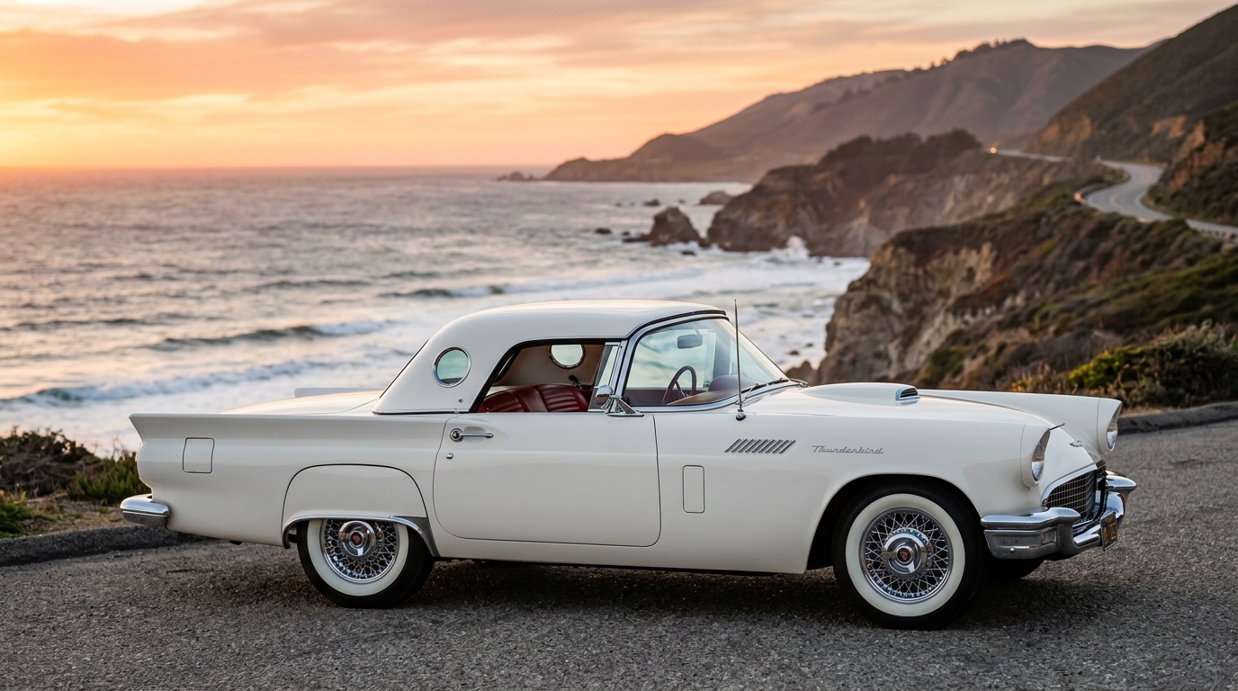 1957 Ford Thunderbird in Colonial White with red interior, side profile with porthole hardtop, iconic American two-seat personal luxury car