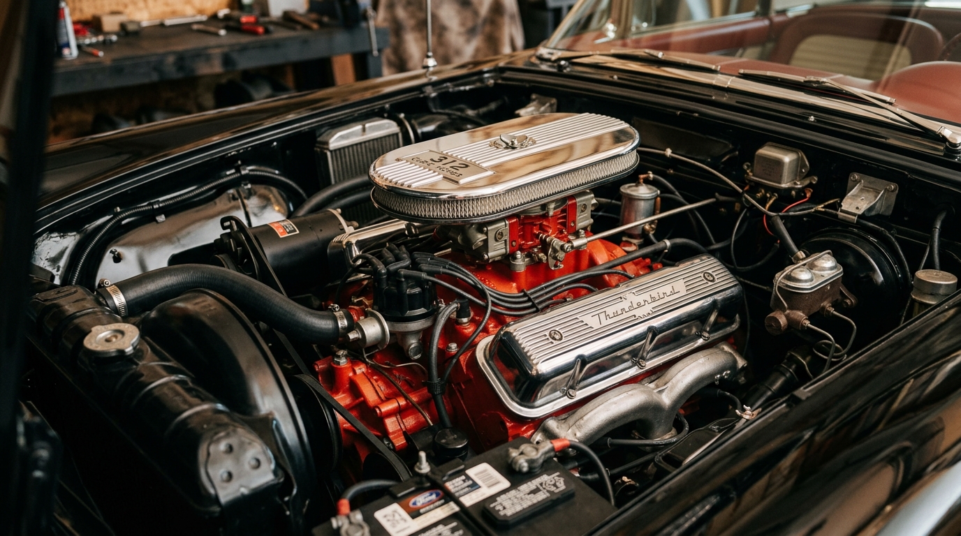 1957 Ford Thunderbird 312ci Y-block V8 engine bay with chrome air cleaner, showing 300hp from E-code version of classic American sports car