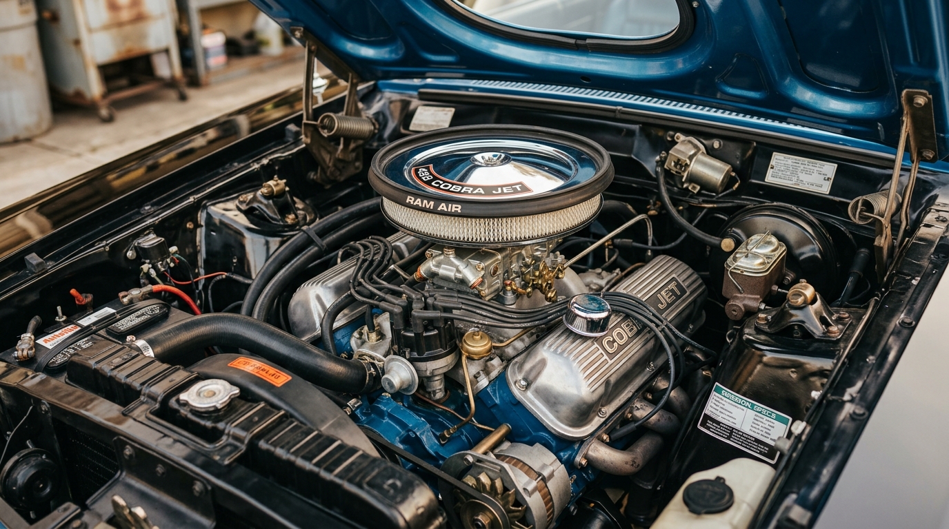 Ford Torino Cobra Jet 428ci V8 engine bay with ram-air induction and chrome air cleaner, showing 335hp from Ford intermediate muscle car