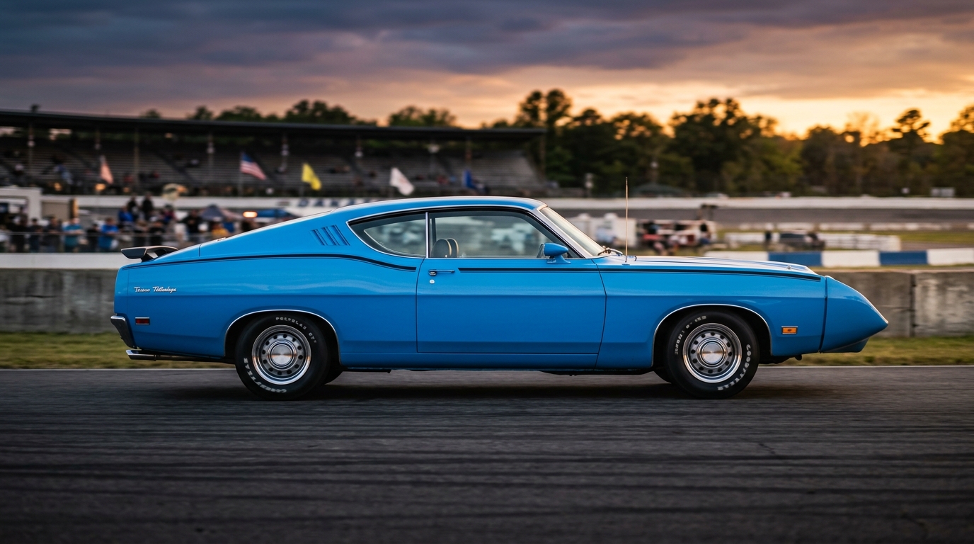 1970 Ford Torino Talladega in Grabber Blue, side profile showing aerodynamic nose cone and extended front end, NASCAR homologation special only 746 built