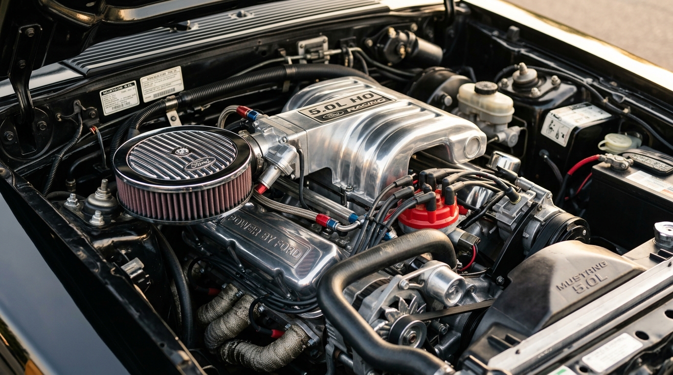 1993 Ford Mustang LX 5.0L HO V8 engine bay with chrome air cleaner and polished intake, showing 225hp from most collectible Fox Body Mustang engine