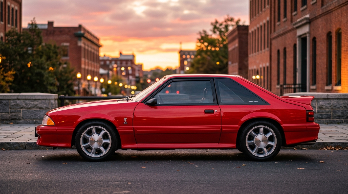 1993 Ford Mustang SVT Cobra in Vibrant Red, side profile showing aerodynamic Fox Body design with Cobra badges, rarest Fox Body Mustang variant