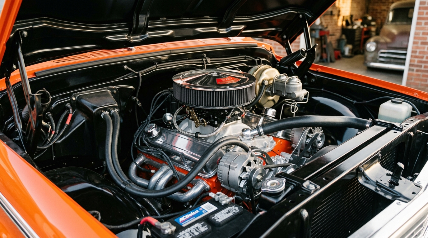 1970 Chevrolet C10 Action Line 350ci V8 engine bay with chrome air cleaner, showing 255hp from most desirable engine in pre-Squarebody GM truck