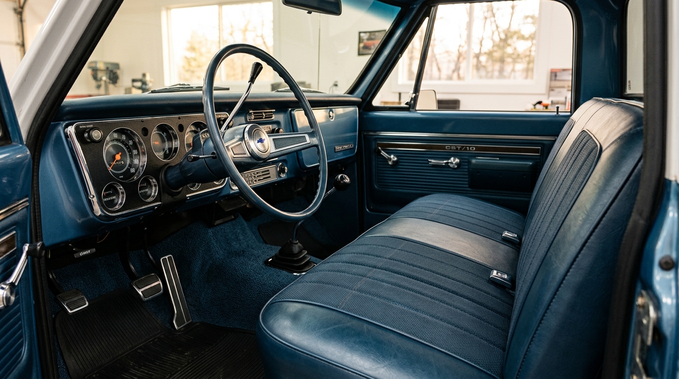 1970 Chevrolet C10 Action Line CST interior with bench seat, chrome accents, and period radio, showing top trim level in restored classic truck cabin