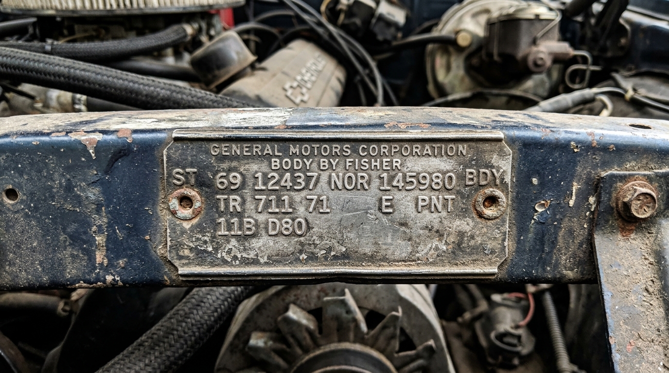 GM Fisher Body cowl tag data plate close-up showing stamped body style, trim code, and paint code on firewall in engine compartment