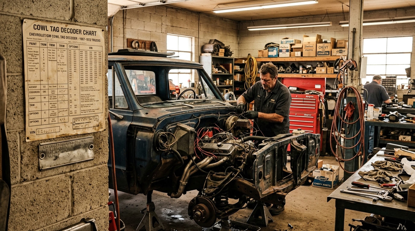 Classic car restoration workshop with cowl tag decoder reference chart on wall next to disassembled 1970s Chevrolet truck body panels