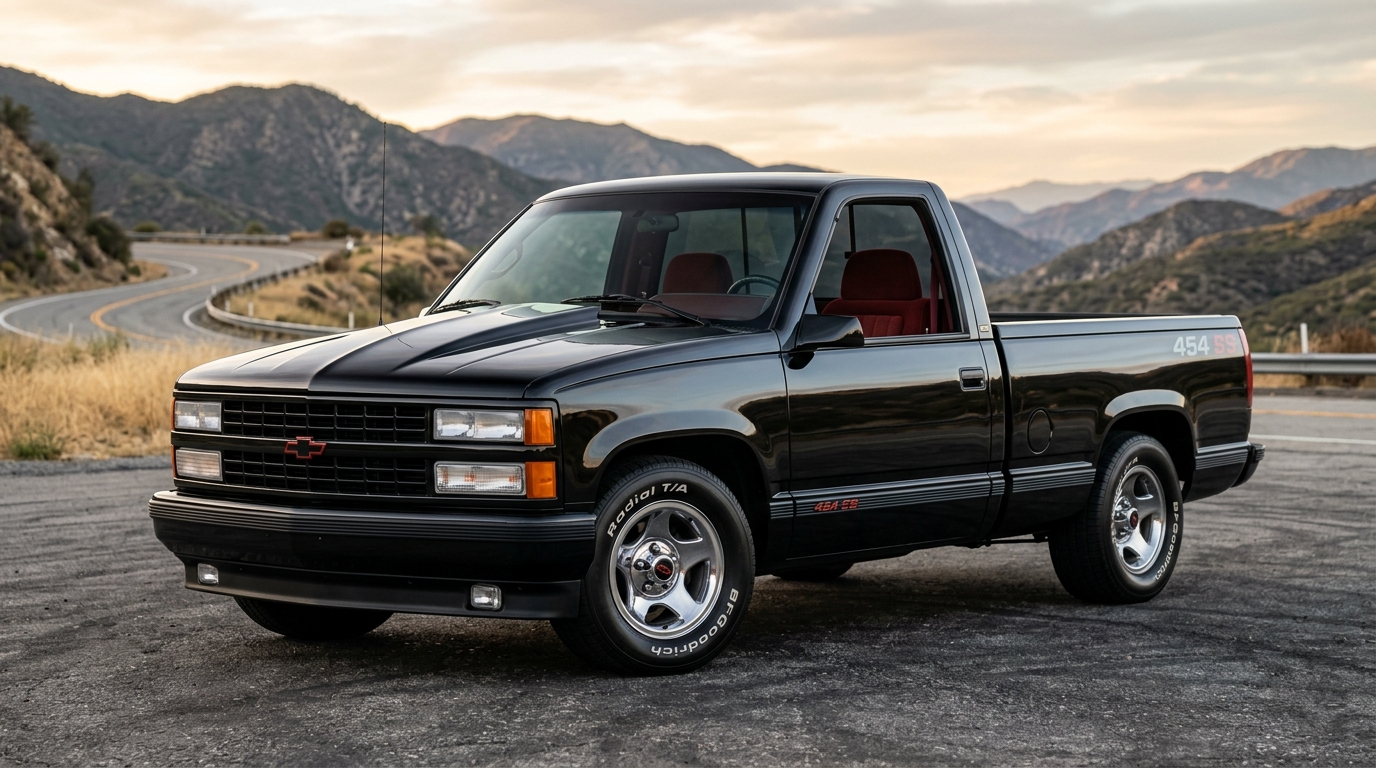 1990 Chevrolet 454 SS OBS pickup truck in Onyx Black with red interior and SS badging, front three-quarter view showing performance truck stance