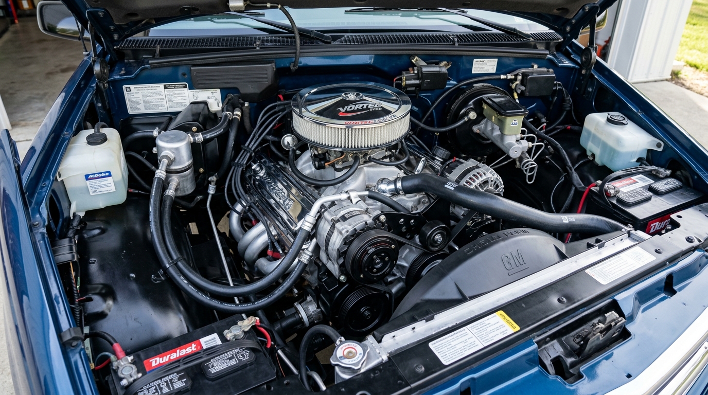 1996 Chevrolet GMT400 Vortec 5.7L 350ci V8 engine bay with multi-point fuel injection and redesigned cylinder heads in detailed engine compartment