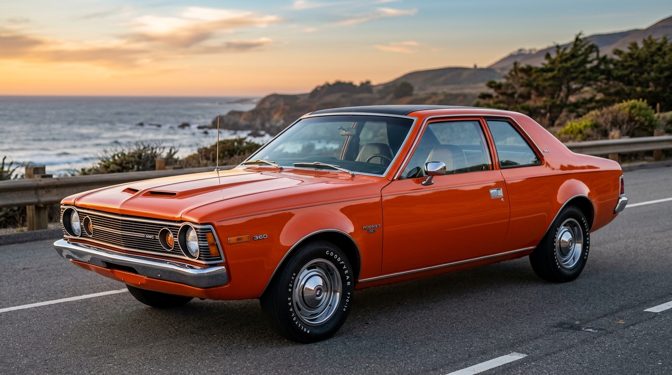 1971 AMC Hornet in Big Bad Orange paint, three-quarter side view showing distinctive AMC compact car styling and vibrant factory orange color