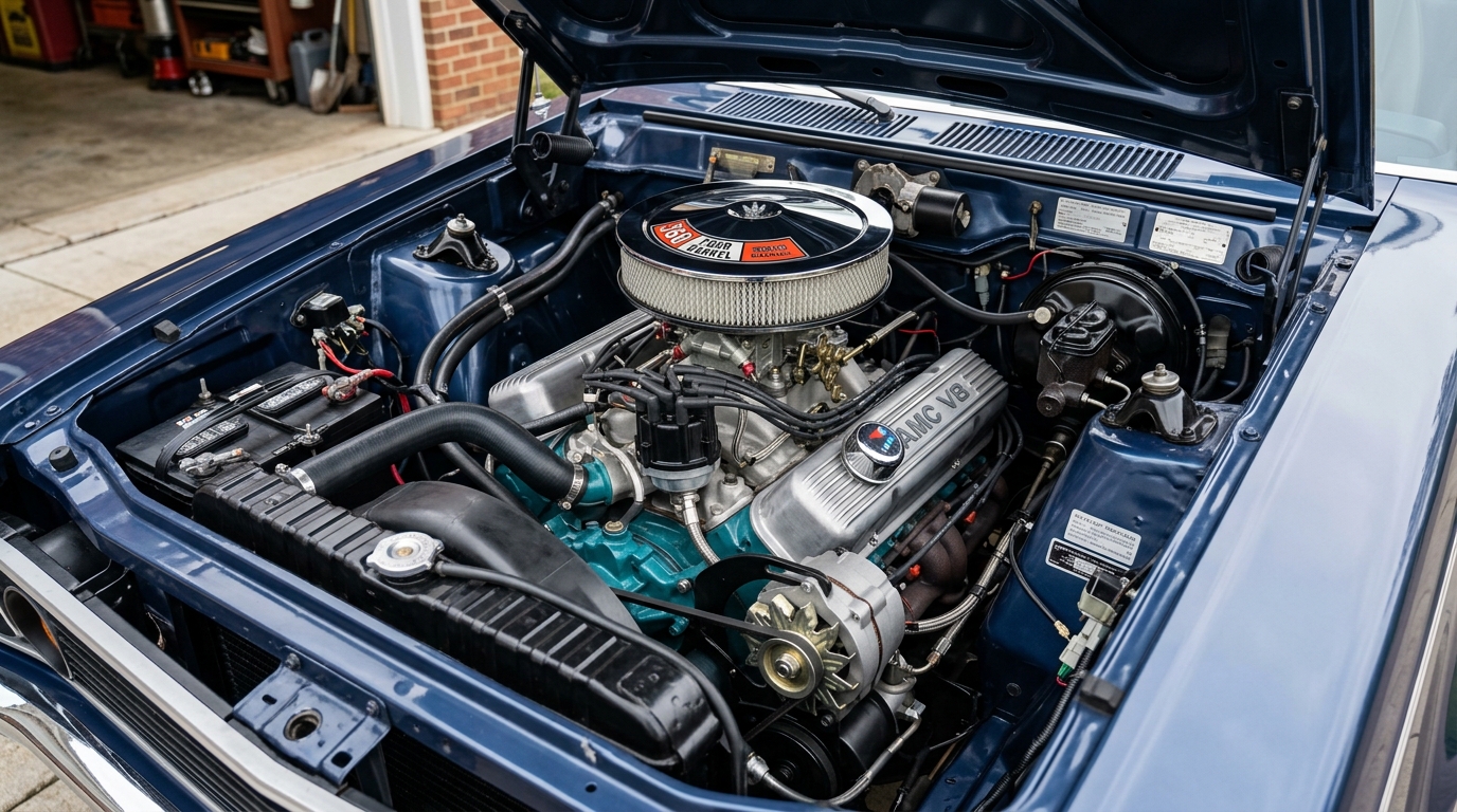1971 AMC Hornet SC/360 360ci AMC V8 engine bay with 4-barrel carburetor and chrome air cleaner in detailed engine compartment, 245hp 285 lb-ft