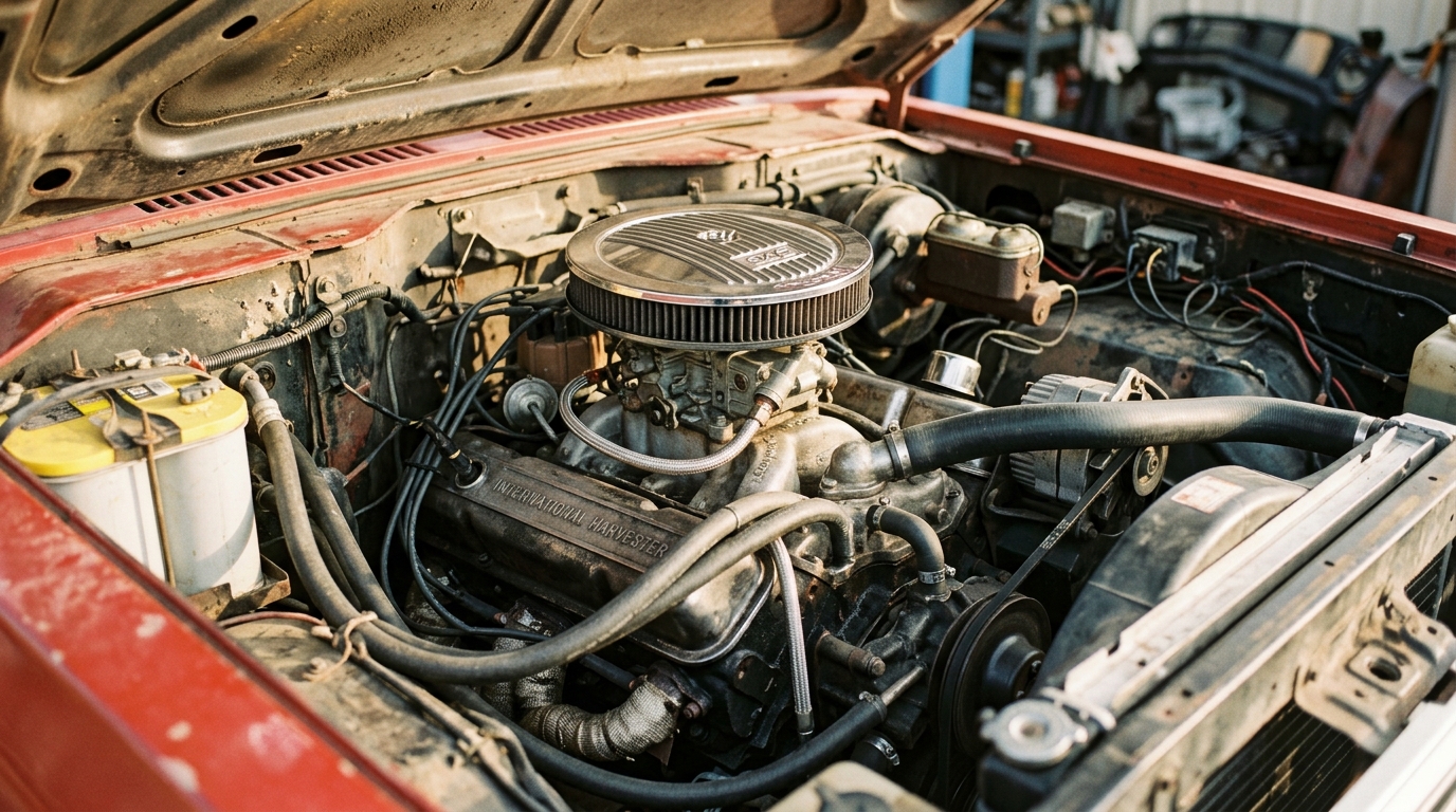 International Harvester Scout II 345ci V8 engine bay with chrome air cleaner, showing 171hp from rugged truck-based SUV powertrain
