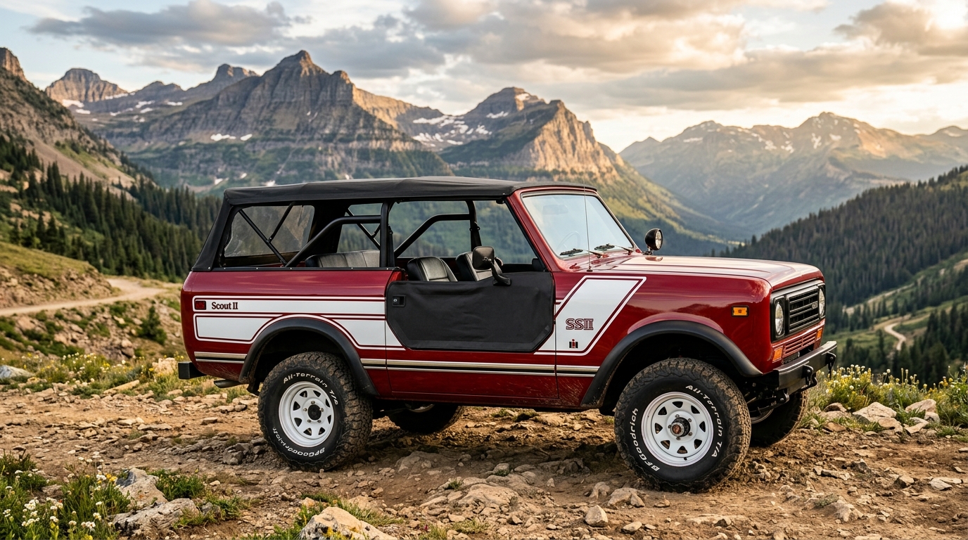 1978 International Harvester Scout II SSII in deep red with barchetta doors and removable top, side profile in rugged off-road mountain setting