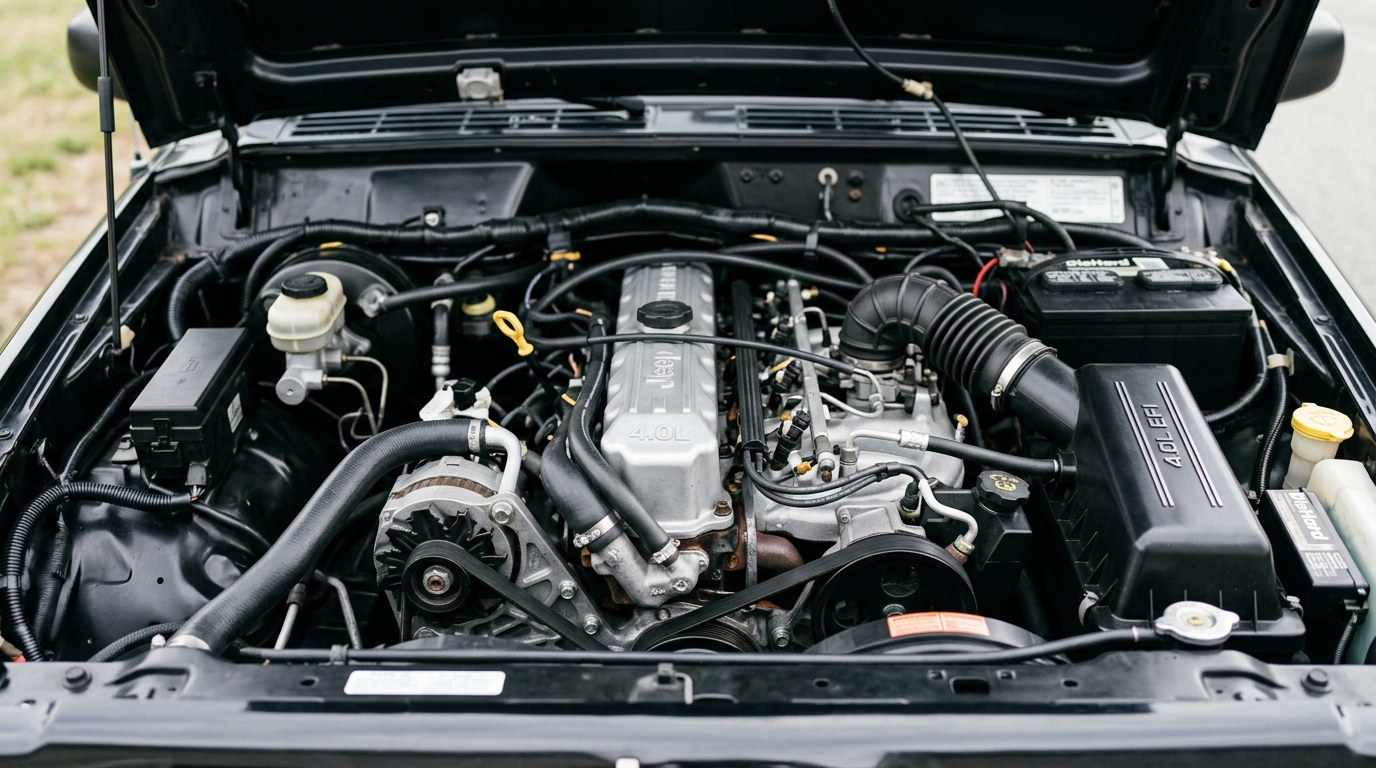 Jeep 4.0L AMC inline-6 engine in Cherokee XJ engine bay showing the legendary reliability with 300,000+ mile capability