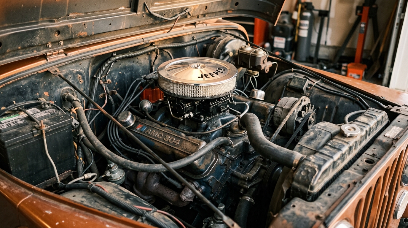 Jeep CJ-7 304ci AMC V8 engine bay with chrome air cleaner, showing 150hp from most collectible civilian Jeep powertrain option