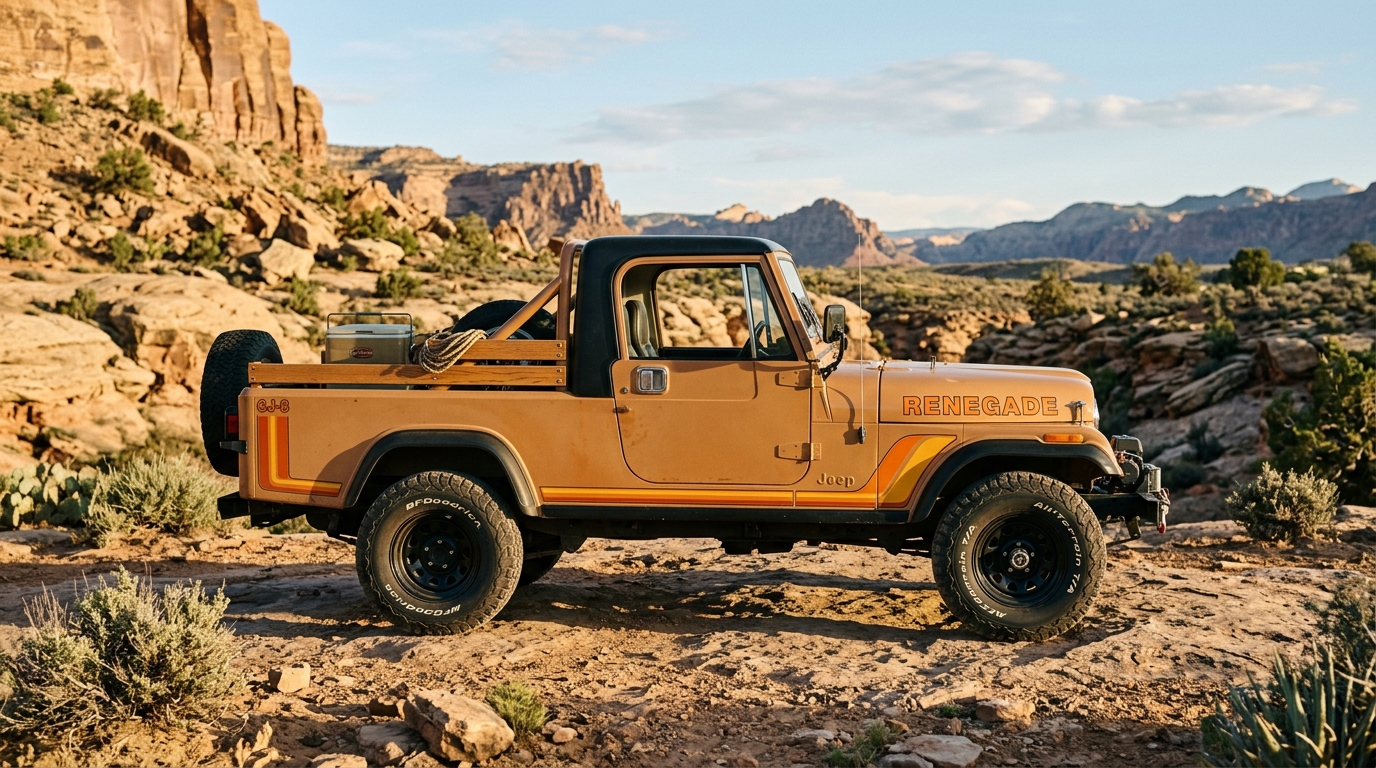 1982 Jeep CJ-8 Scrambler pickup in Renegade orange tan, side profile showing extended wheelbase and pickup bed, rarest Jeep CJ variant